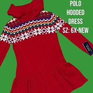 NEW-6X Girls Polo-Ralph Lauren Fair Isle Waffle-Knit Hooded Red Christmas Dress